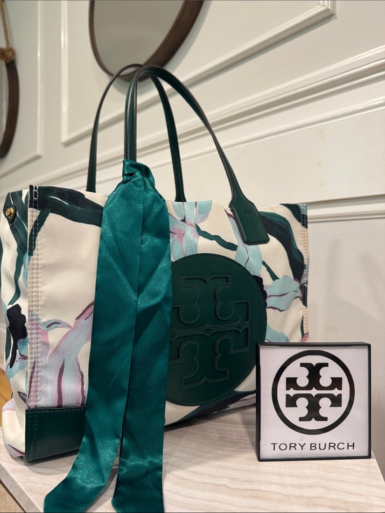 Tory Burch Handbags - Tory Burch Bag Small Ella Limited Edition Floral Tote with Green Leather Trim